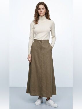 Zara Highrise Linen Blend Khaki A-Line Long Skirt Size Large